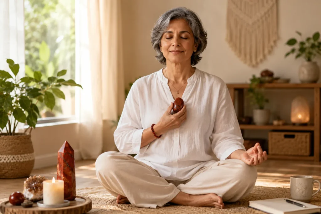 Woman meditating with Red Jasper crystal for grounding, strength and stability