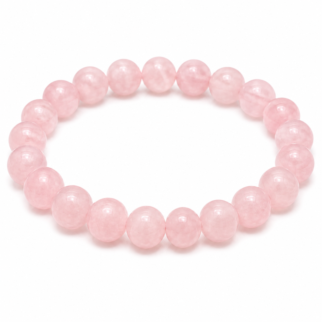 Natural Rose Quartz crystal bracelet with polished round pink gemstone beads arranged in a circular shape on a clean white background.