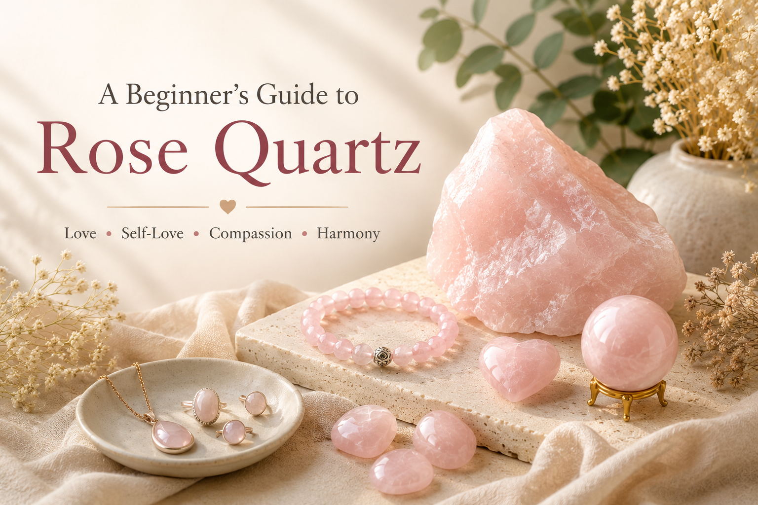 Rose Quartz crystals, bracelet, heart, sphere and jewellery arranged on a warm neutral background for a beginner’s guide to Rose Quartz.