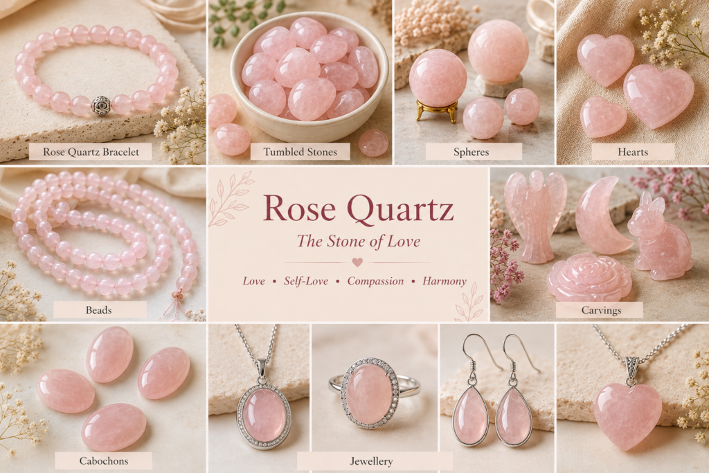 Rose Quartz collage showing a bracelet, tumbled stones, spheres, hearts, beads, carvings, cabochons and jewellery in natural soft pink tones.