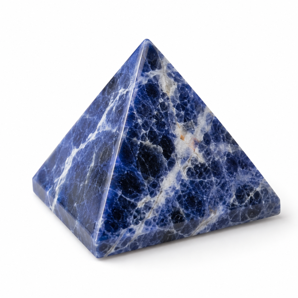 Natural Sodalite crystal pyramid with rich blue and white marbled patterns isolated on a white background, traditionally associated with the Third Eye Chakra, mental clarity, intuition, and balanced thinking.