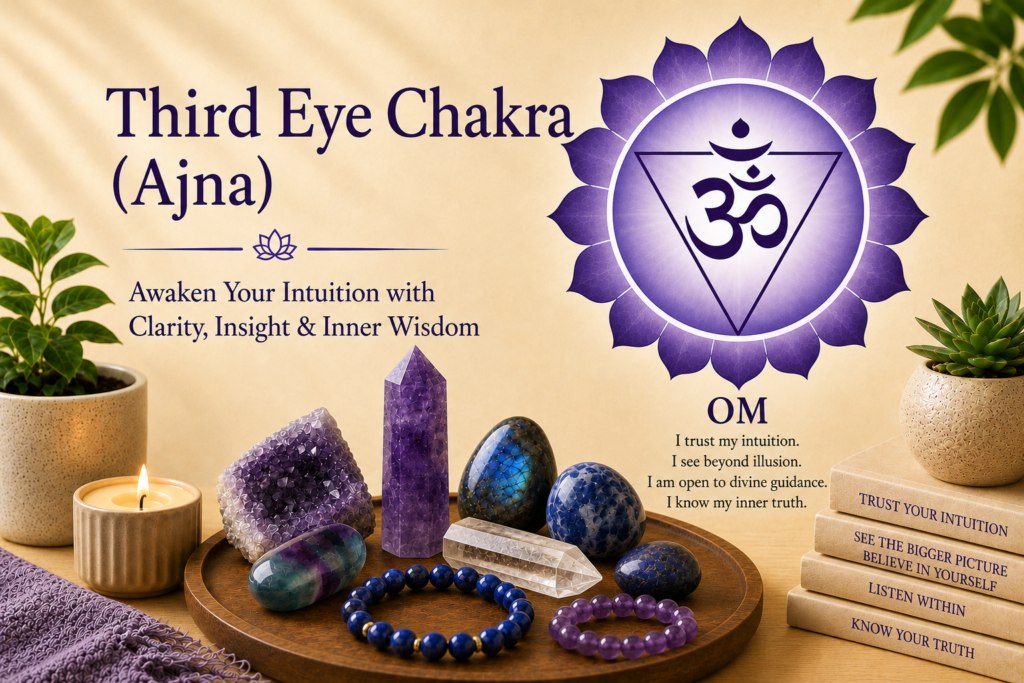 Third Eye Chakra (Ajna) featured image with the Om (ॐ) symbol, Amethyst, Labradorite, Lapis Lazuli, Fluorite, Clear Quartz, and Iolite crystals in a luxury wellness setting, traditionally associated with intuition, clarity, and inner wisdom.