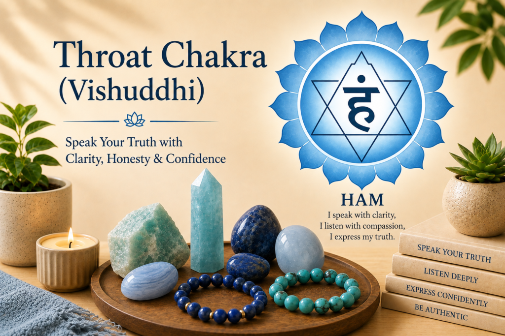 Throat Chakra (Vishuddhi) featured image with blue chakra symbol, HAM mantra, Blue Lace Agate, Amazonite, Aquamarine, Lapis Lazuli, Angelite and Turquoise crystals on a wellness-inspired display.