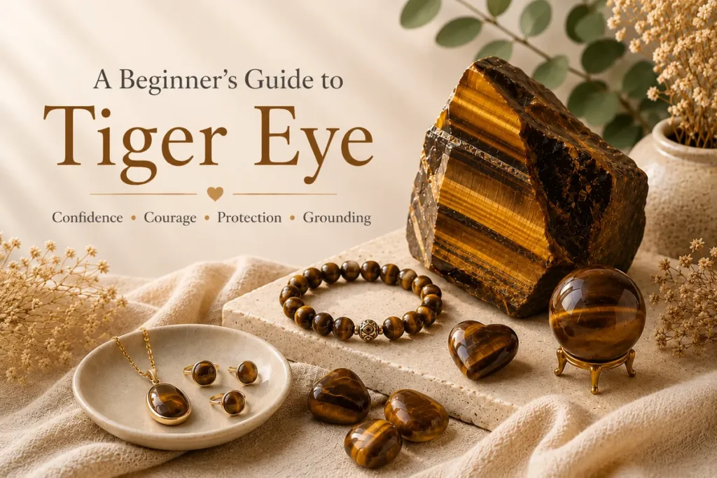 Tiger Eye crystal beginner’s guide featuring raw Tiger Eye, bracelet, tumbled stones, sphere and jewelry.