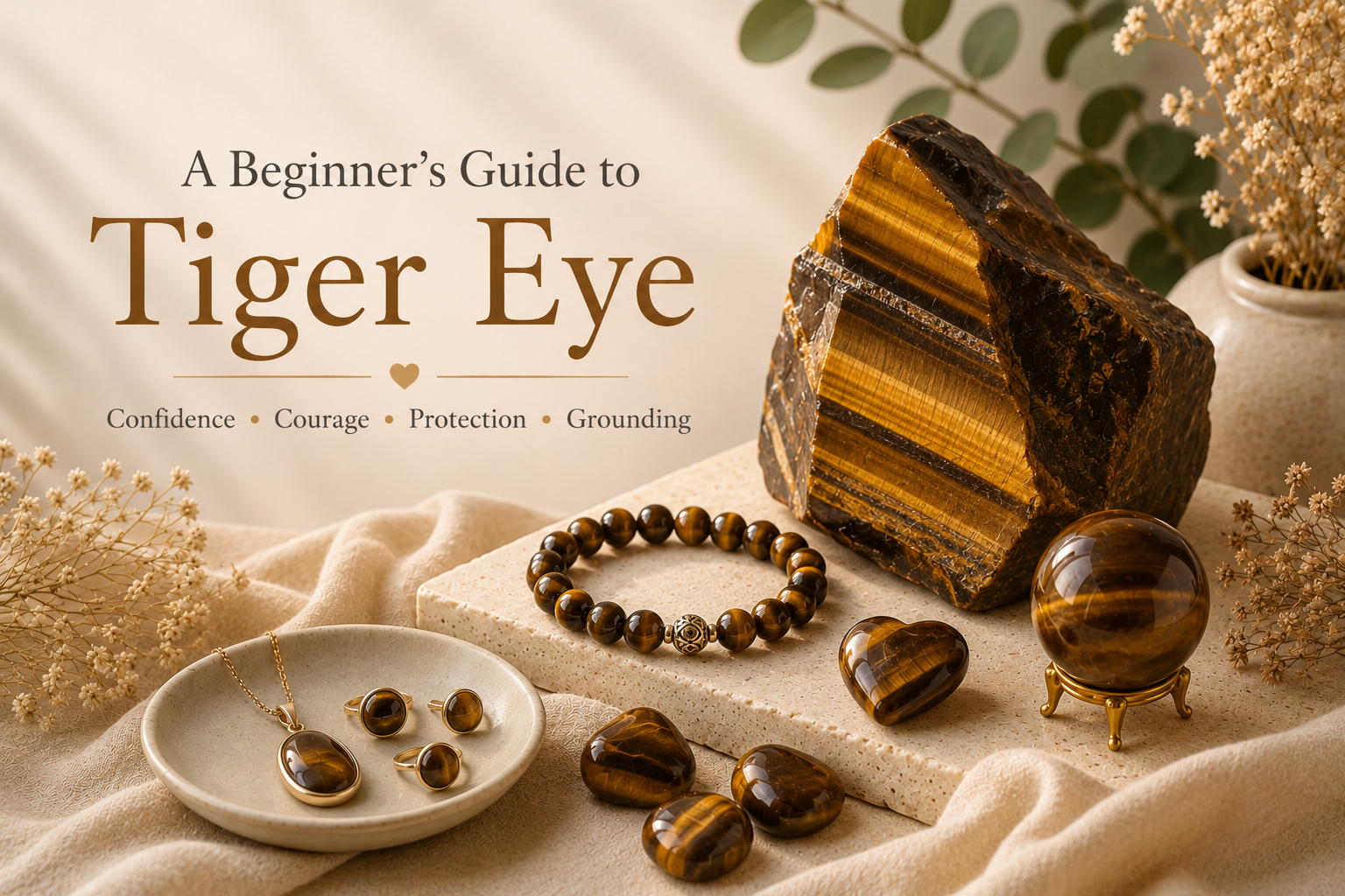 Tiger Eye crystal beginner’s guide featuring raw Tiger Eye, bracelet, tumbled stones, sphere and jewelry.