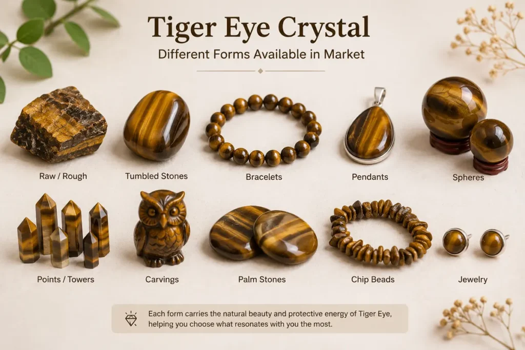 Different forms of Tiger Eye crystal including raw stone, tumbled stones, bracelet, pendant, spheres, towers, carvings, palm stones, chip beads and jewelry.