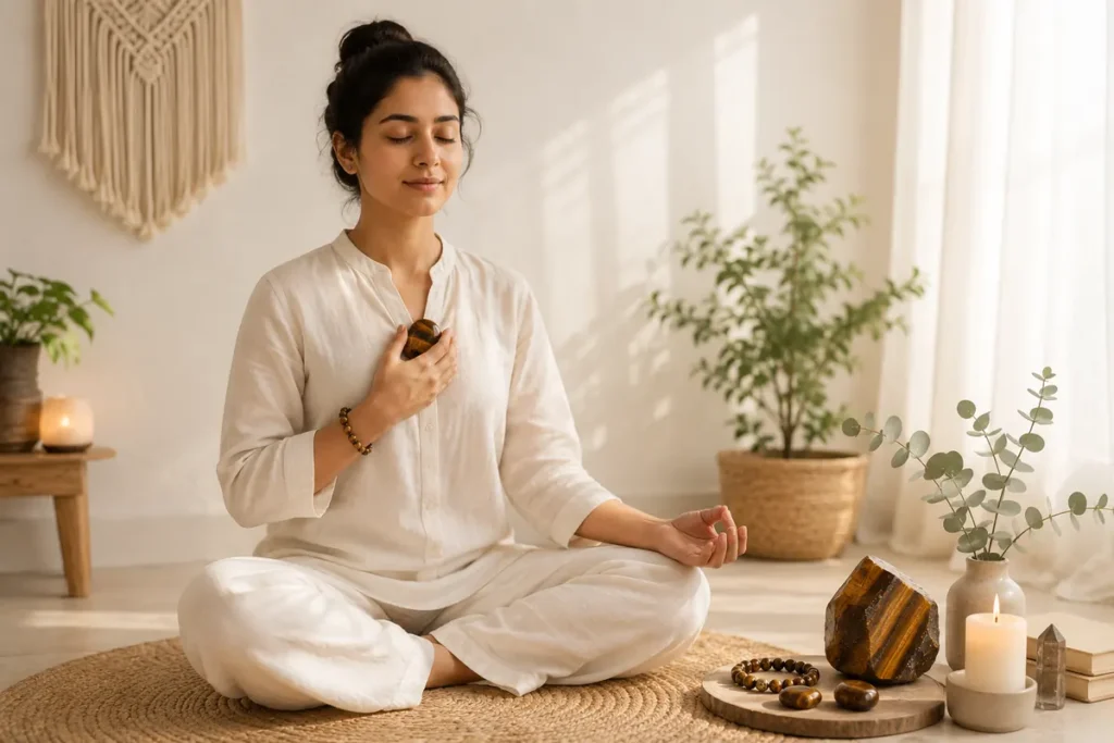 Woman meditating with Tiger Eye crystal for grounding, confidence and Solar Plexus Chakra practice.