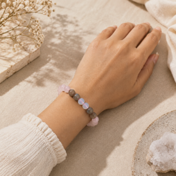 Tula Rashi Libra Bracelet with Rose Quartz, Opalite and Labradorite beads worn on wrist