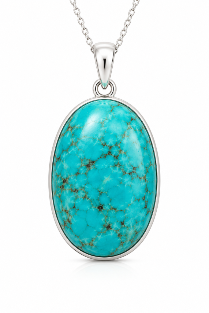 Natural Turquoise (Firoza) pendant with a polished blue-green cabochon and natural brown matrix veining in a sterling silver bezel on a white background. Traditionally associated with honest communication, wisdom, protection, and the Throat Chakra.