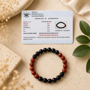 Vrushchik Rashi Bracelet with Red Jasper and Black Onyx beads displayed below its authenticity certificate