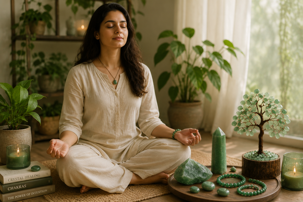 Woman meditating with Green Aventurine crystals, bracelet and crystal tree in a peaceful natural setting.