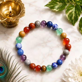 7 Chakra crystal bracelet with colorful gemstone beads, brass diya and natural greenery