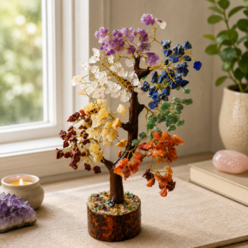 7 Chakra Crystal Tree with seven gemstone chips displayed beside a softly lit window