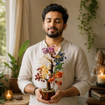 Man peacefully holding a 7 Chakra Crystal Tree in a calm meditation space