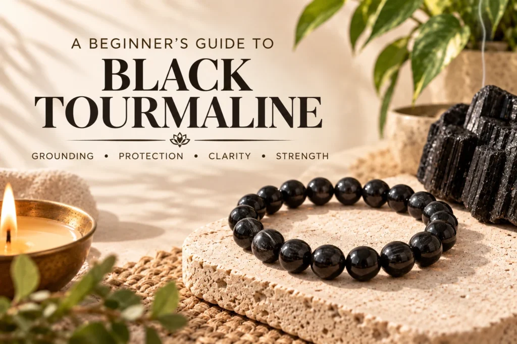 Black Tourmaline beginner’s guide featuring a Black Tourmaline bracelet and raw crystal with grounding, protection, clarity, and strength.