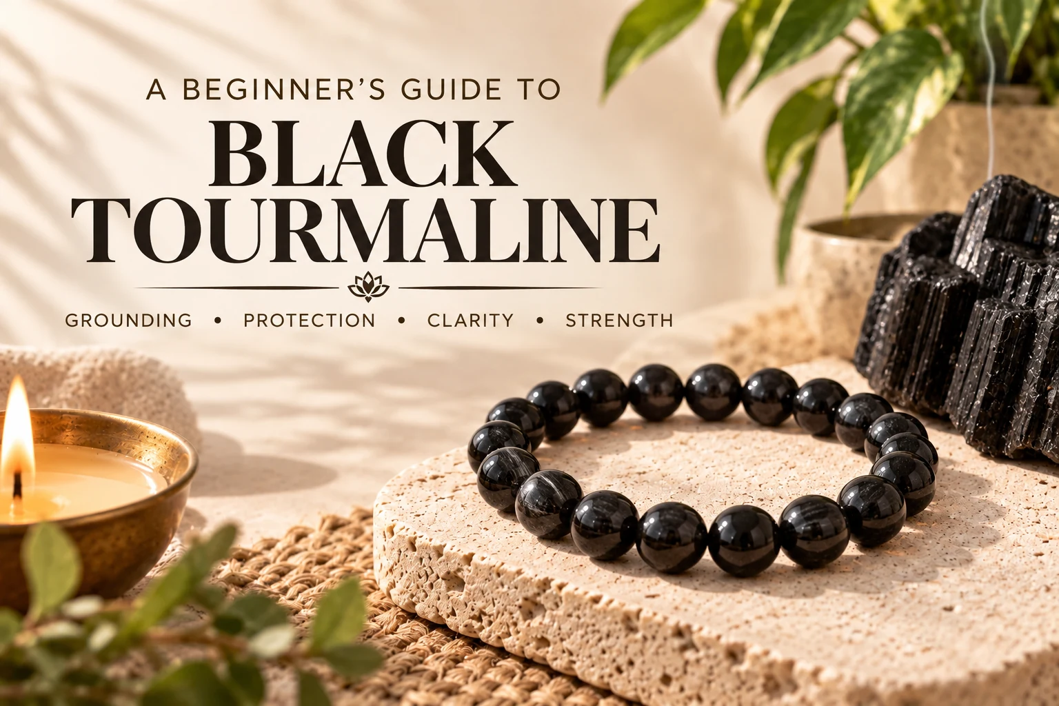 Black Tourmaline beginner’s guide featuring a Black Tourmaline bracelet and raw crystal with grounding, protection, clarity, and strength.