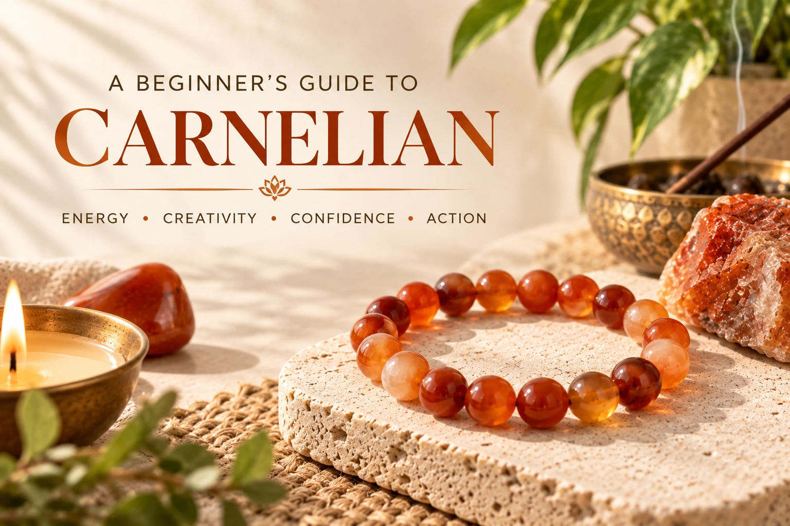 Carnelian crystal bracelet with polished and raw Carnelian stones in a warm natural setting