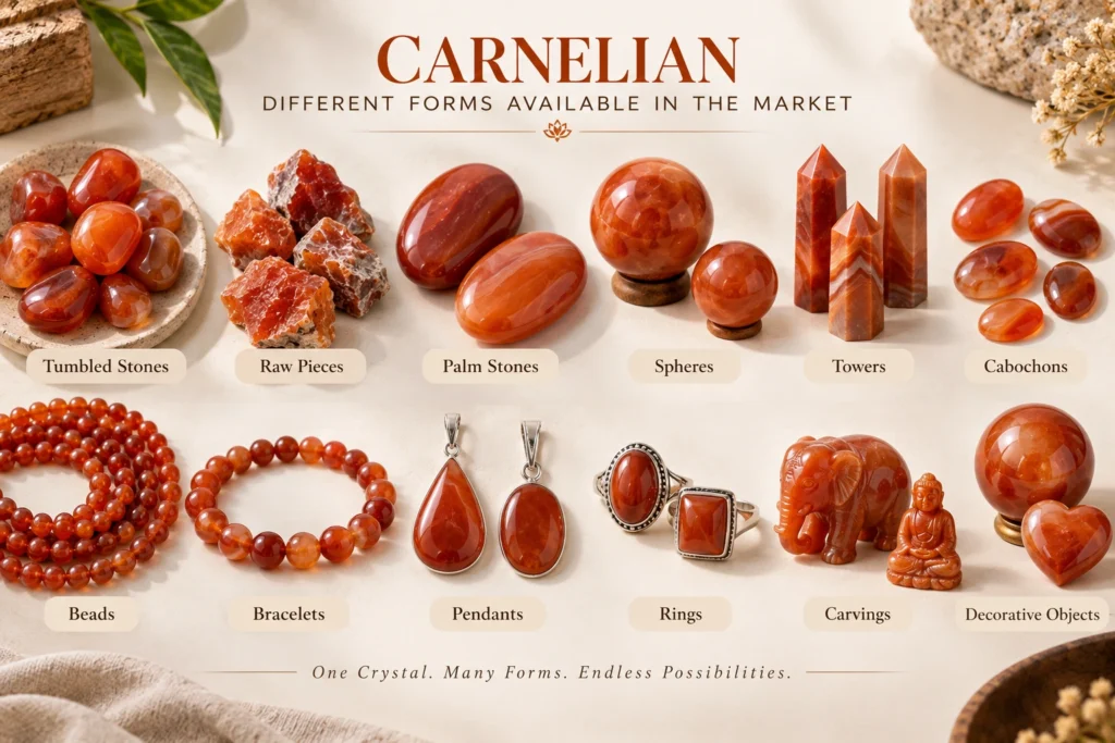 Different forms of Carnelian including tumbled stones, raw pieces, palm stones, spheres, towers, cabochons, beads, bracelets, pendants, rings, carvings, and decorative objects