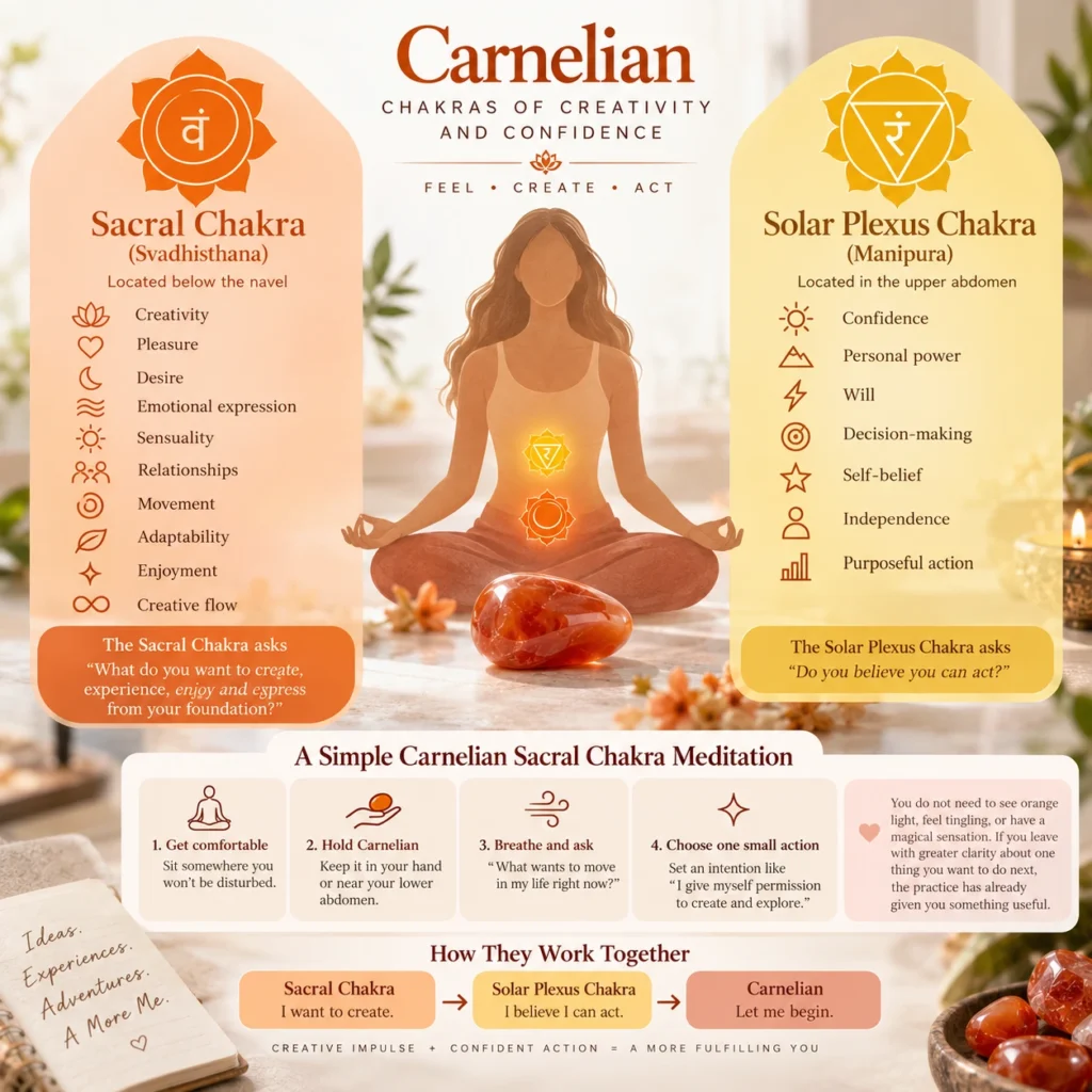 Carnelian Sacral and Solar Plexus Chakra infographic showing creativity, confidence, meditation, and chakra energy connection