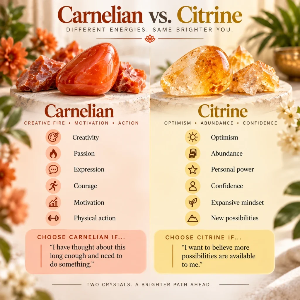 Carnelian vs Citrine comparison showing their traditional differences in creativity, motivation, confidence, abundance, and action