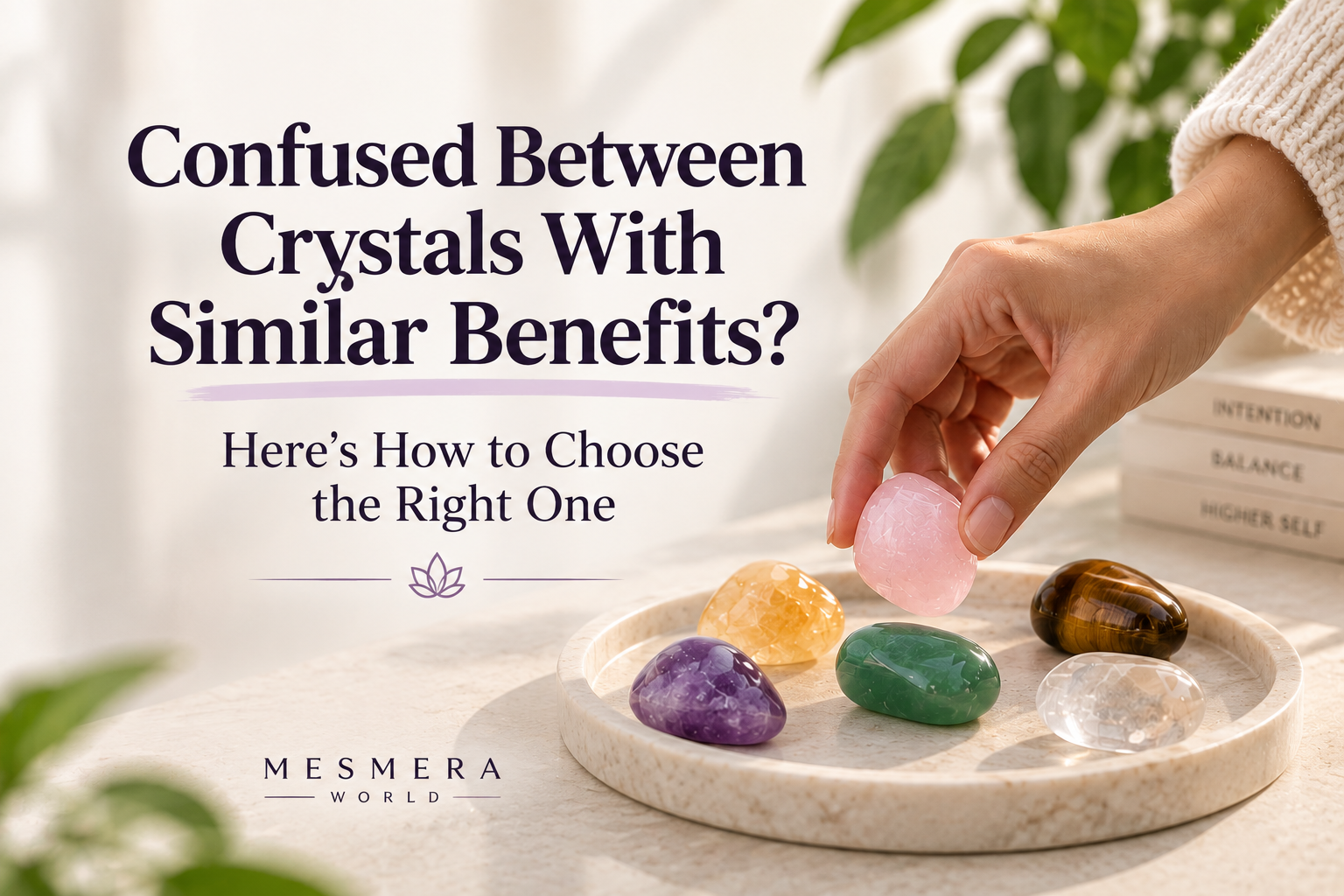 Hand choosing the right crystal from several crystals with similar benefits