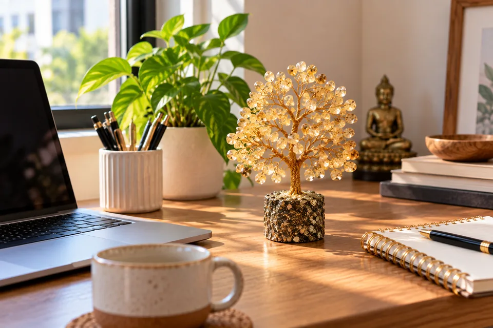 Citrine crystal tree on a workspace desk beside a laptop and notebook
