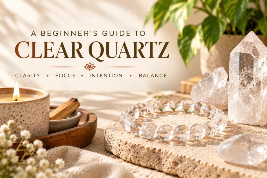 Clear Quartz beginner’s guide featuring a Clear Quartz bracelet, crystal points, and natural stones.