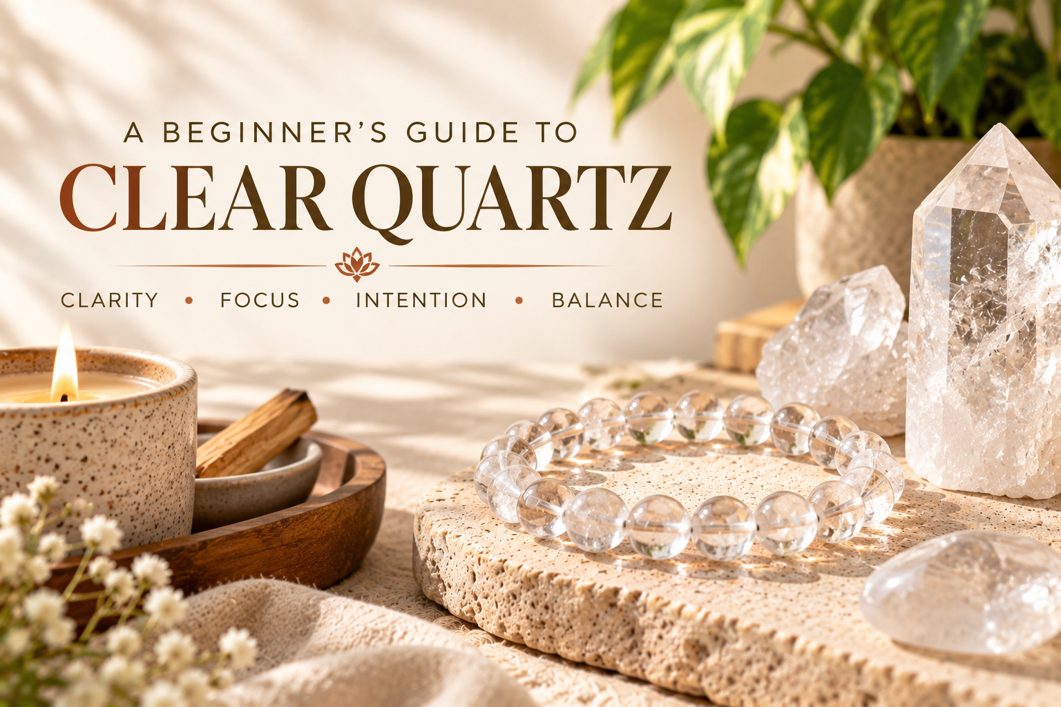 Clear Quartz beginner’s guide featuring a Clear Quartz bracelet, crystal points, and natural stones.