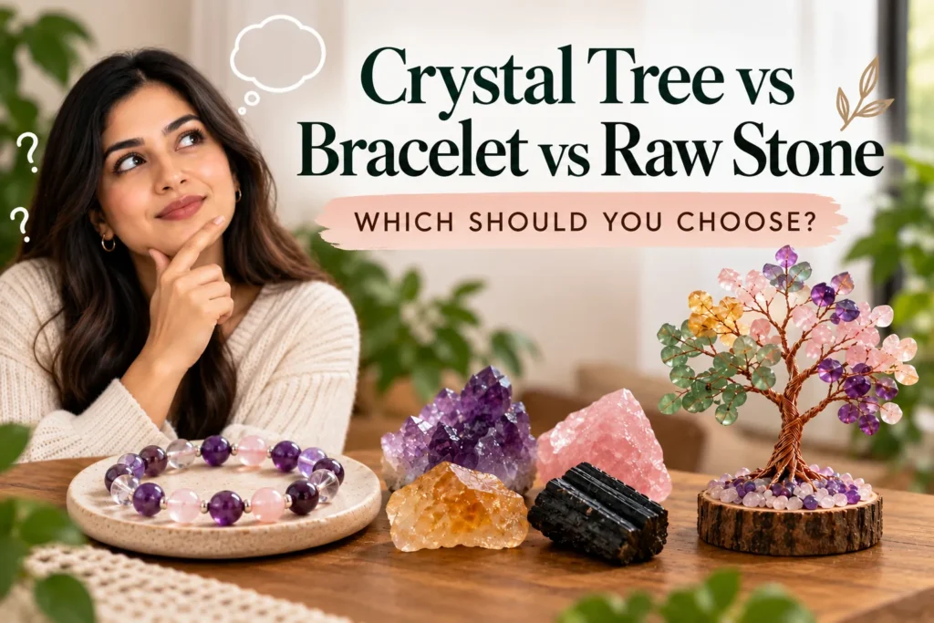Woman deciding between a crystal bracelet, raw crystals, and a gemstone crystal tree