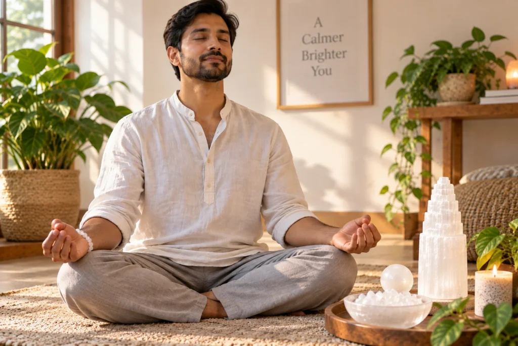 Man meditating with Selenite crystals in a calm, sunlit room.