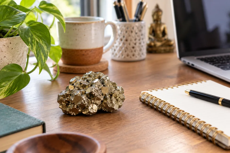Raw Pyrite crystal on a work desk beside a notebook and laptop