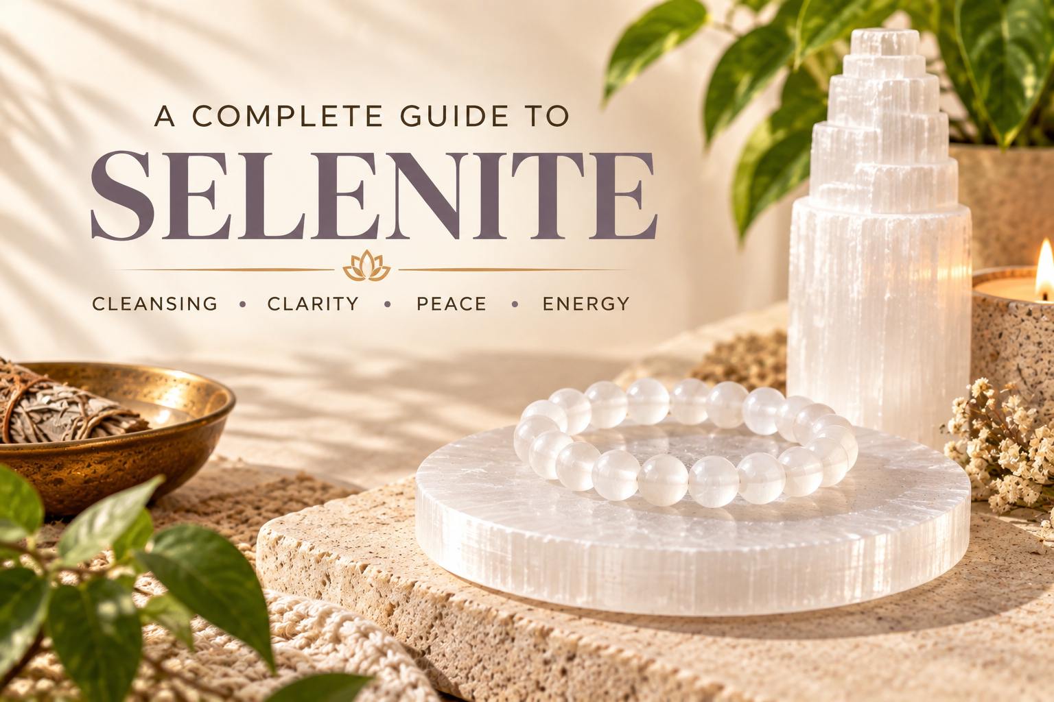 Selenite crystal guide featuring a Selenite bracelet, charging plate, and tower with cleansing, clarity, peace, and energy.