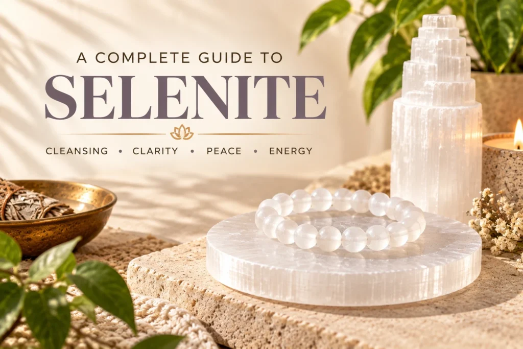 Selenite crystal guide featuring a Selenite bracelet, charging plate, and tower with cleansing, clarity, peace, and energy.