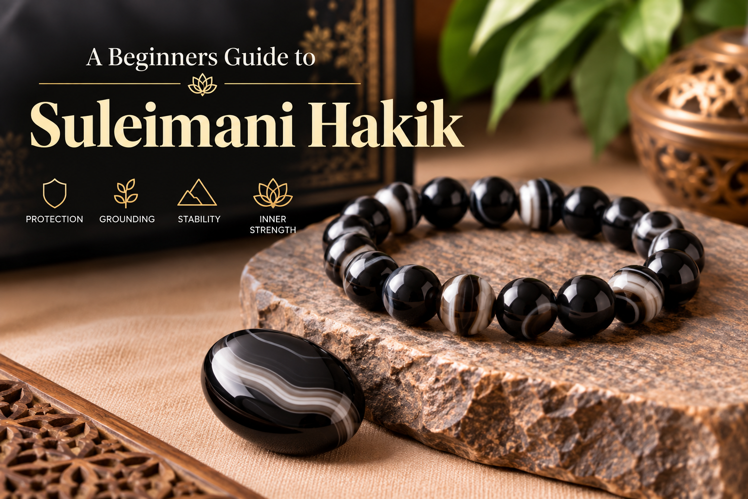 Suleimani Hakik bracelet and banded agate stone representing protection, grounding, stability, and inner strength.