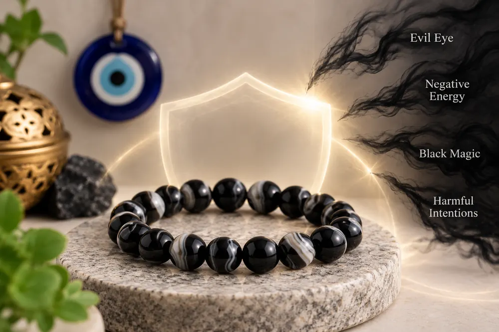 Suleimani Hakik bracelet symbolizing protection from evil eye, negative energy, black magic, and harmful intentions.