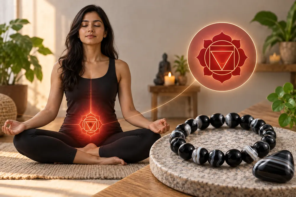 Woman meditating with a glowing Root Chakra beside a Suleimani Hakik bracelet.